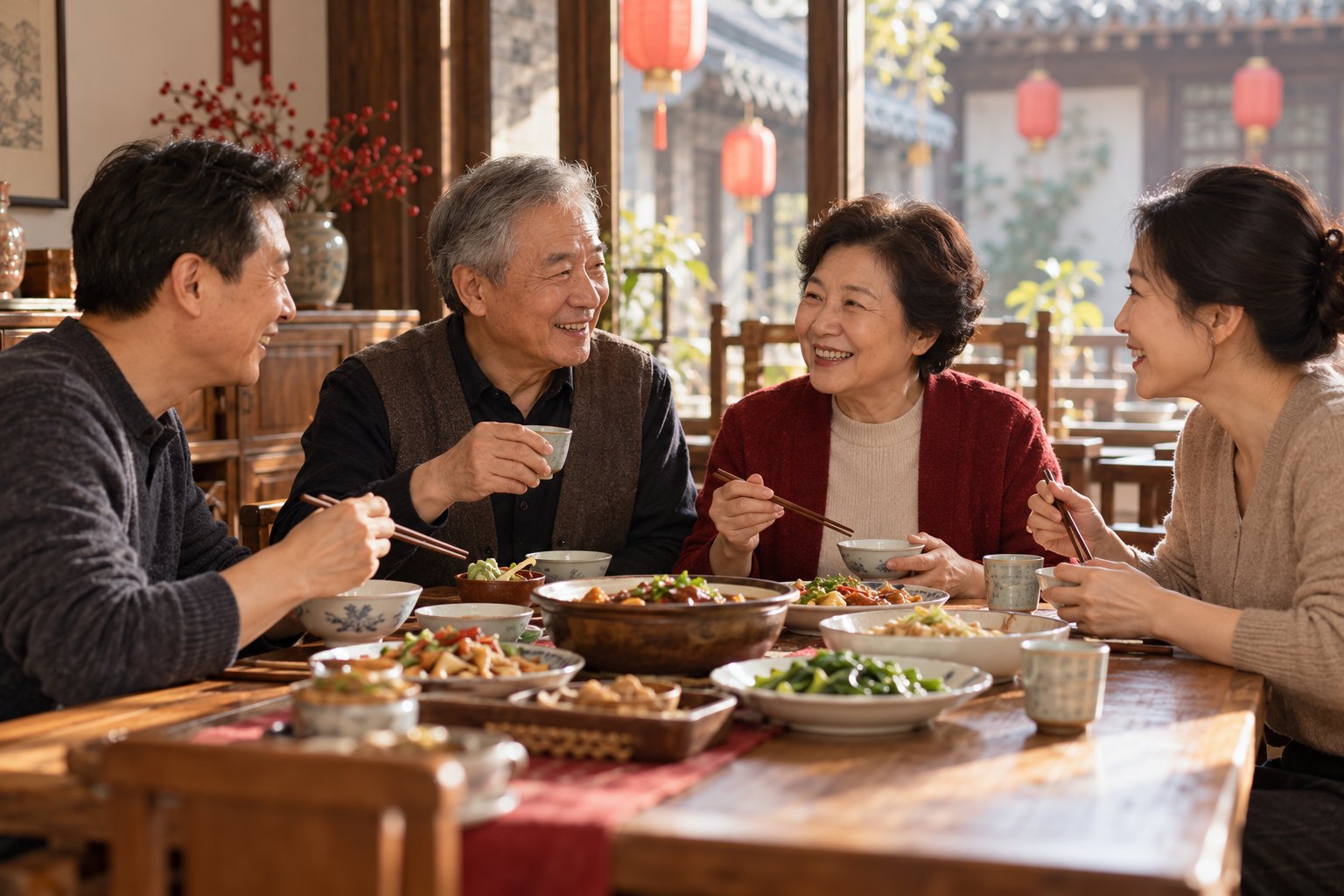成年家人围桌交流的团聚意境